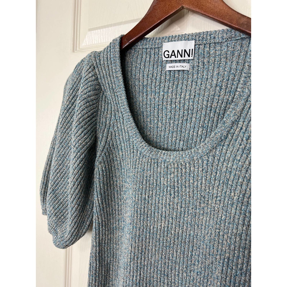 Ganni Ribbed Scoop Neck Sweater in Heathered Blue-Grey